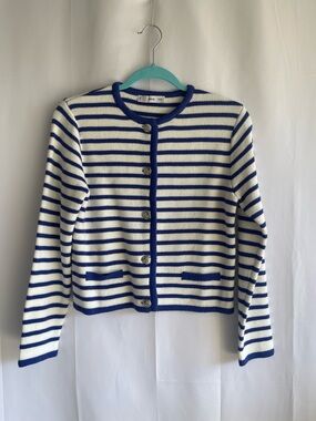 Mango Blue & White Striped Crewneck Button Cardigan